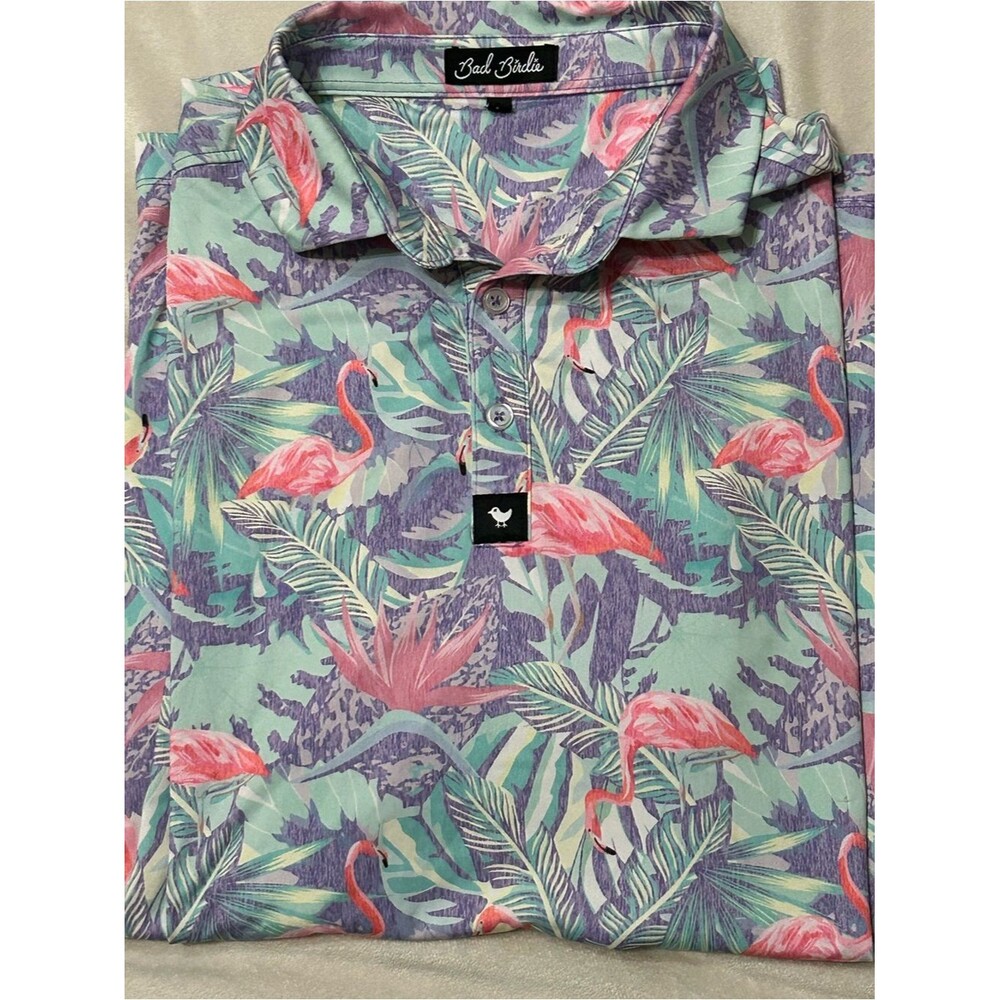 Bad Birdie Mingos Mens Large Golf Polo Shirt Flamingo Tropical Performance